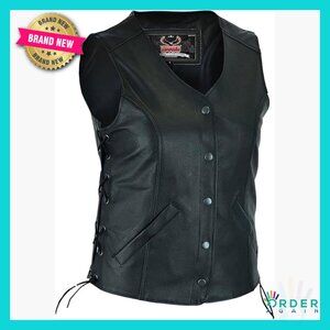 Classic Biker Vest with Side Laces Motorcycle Rider Vest Concealment Pockets